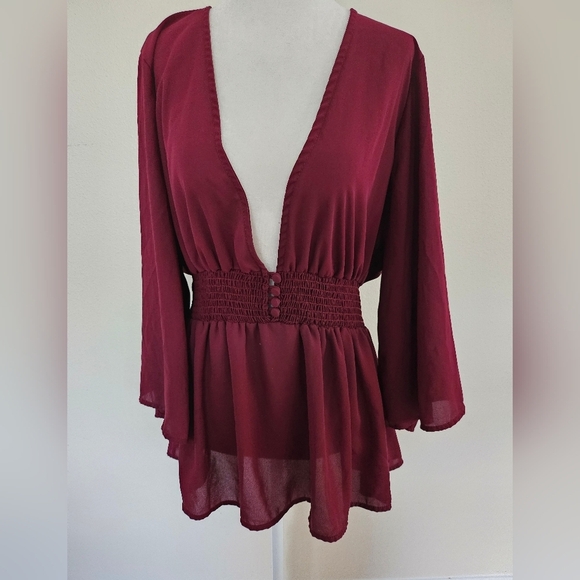 Torrid Babydoll Women's Elegant Burgundy Georgette Smocked Blouse Size 2X. - Picture 4 of 15